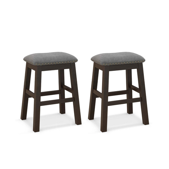 Set of 2 Upholstered Saddle Bar Stools 24.5'' Dining Chairs with Wooden Legs