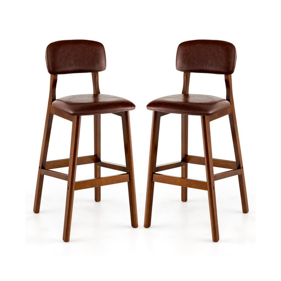 Set of 2 Upholstered PU Bar Stools 29'' Dining Chairs with Rubber Wood Legs