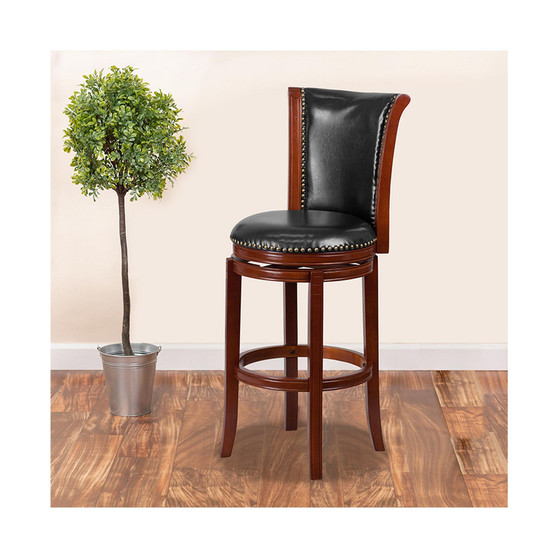 30'' High Dark Chestnut Wood Barstool with Panel Back and Black LeatherSoft Swivel Seat