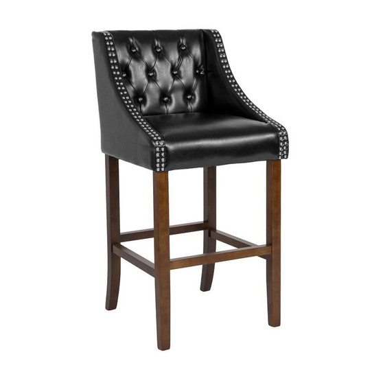Carmel Series 30" High Transitional Tufted Walnut Barstool with Accent Nail Trim in Leather