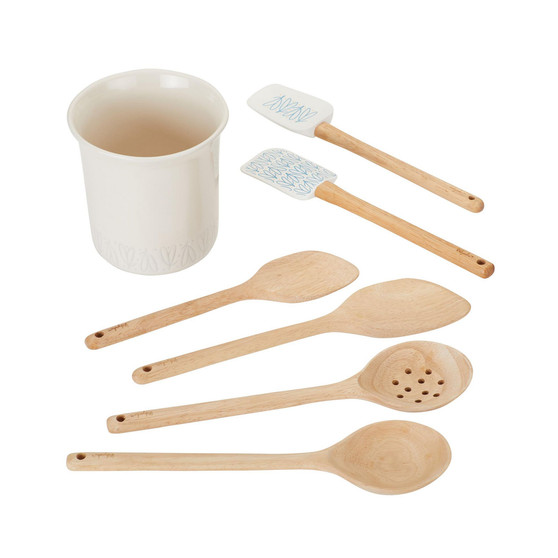 Ayesha Collection Kitchen Cooking Utensil Set with Ceramic Tool Crock, French Vanilla