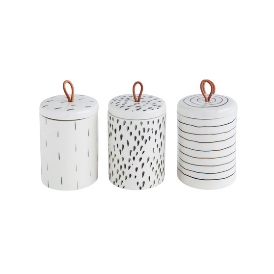 4.25" H Stoneware Container with Lid Leather Pull, 3 Styles
