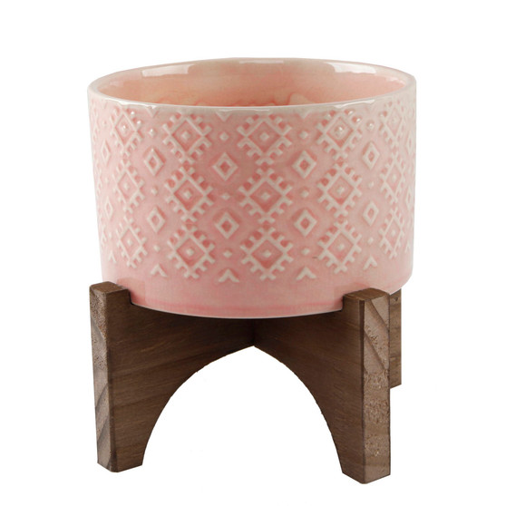 India Ceramic Planter on Wood Stand, 6.25"