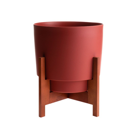 Hopson Planter w/ Wood Stand, Burnt Red, 10 inches