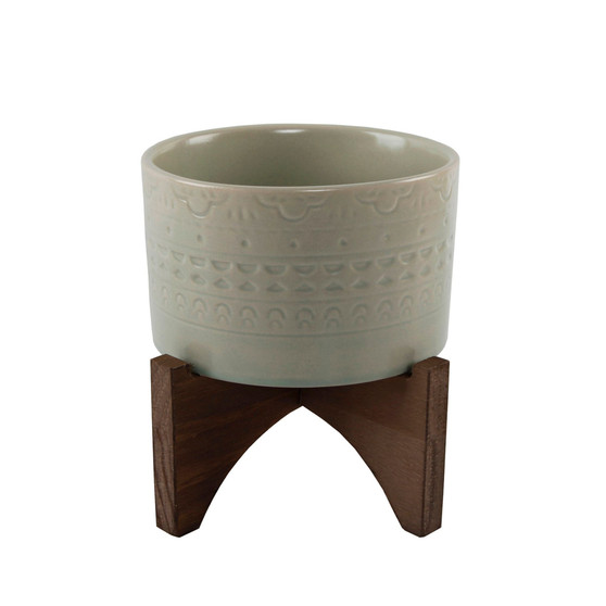 Mayan Ceramic Planter on Wood Stand, 6.25"