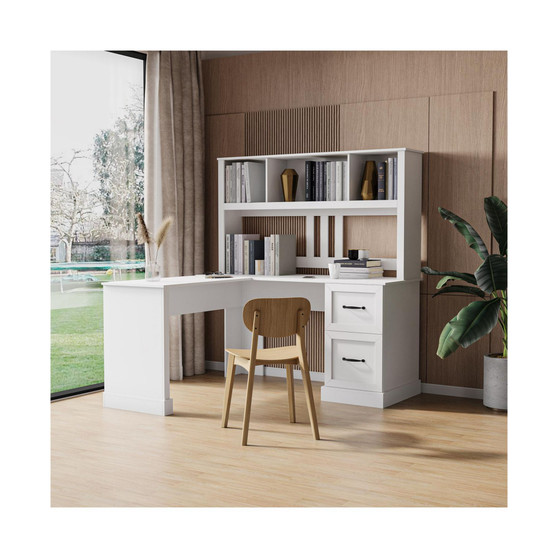 Home Office Computer Desk with Hutch, Antiqued White finish