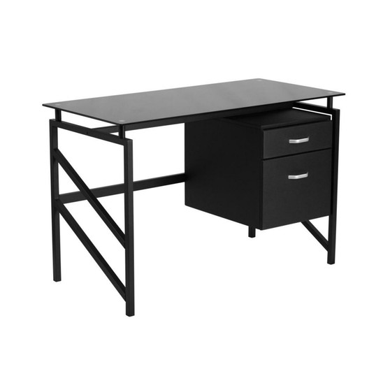 Two Drawer Pedestal Desk With Tempered Glass Top And Metal Frame