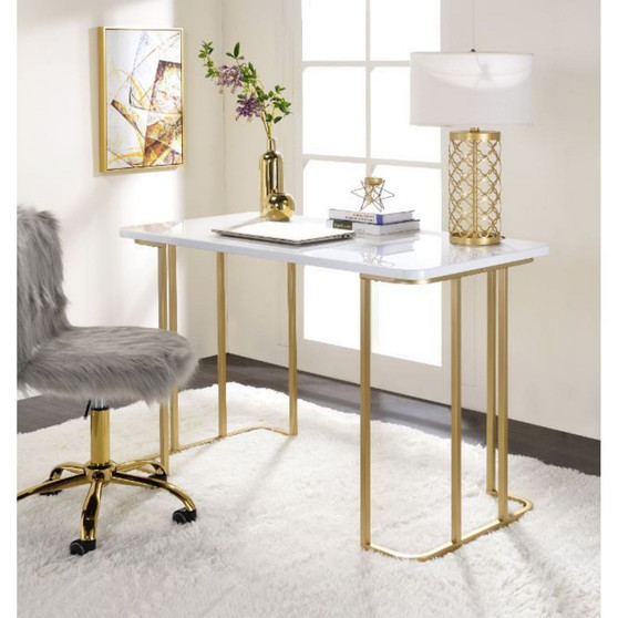 Estie Writing Desk, White & Gold Finish 93102