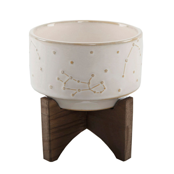 Constellation Ceramic Planter Pot on Wood Stand, 4.25"