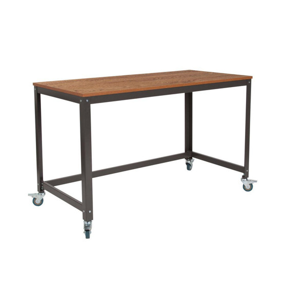 Computer Table And Desk In Wood Grain Finish With Metal Wheels
