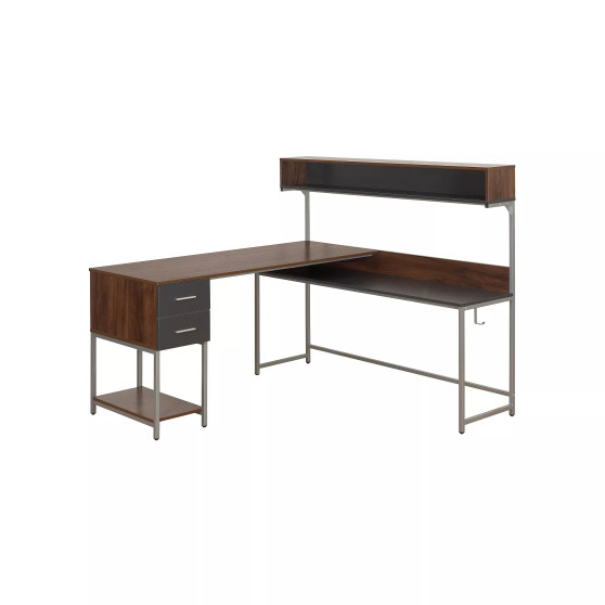 Wood L-Shape with Hutch and Storage Desk