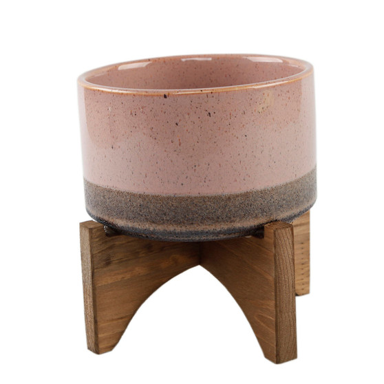 Opening Lava Ceramic Planter on Wood Stand, 6.25"