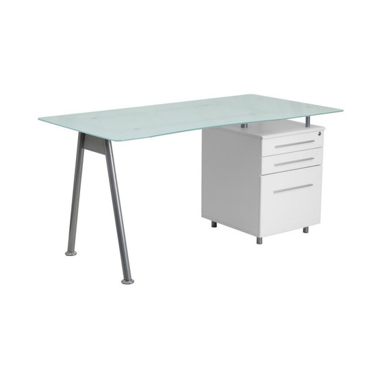 Glass Computer Desk With Three Drawer Pedestal
