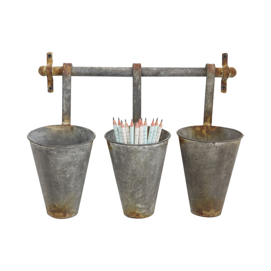 Metal Wall Rack and 3 Tin Pots with Hangers