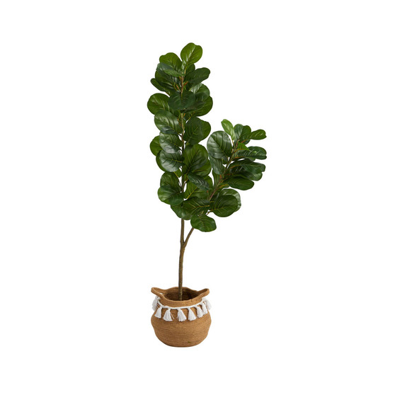 4.5' Fiddle Leaf Fig Artificial Tree in Boho Chic Planter with Tassels