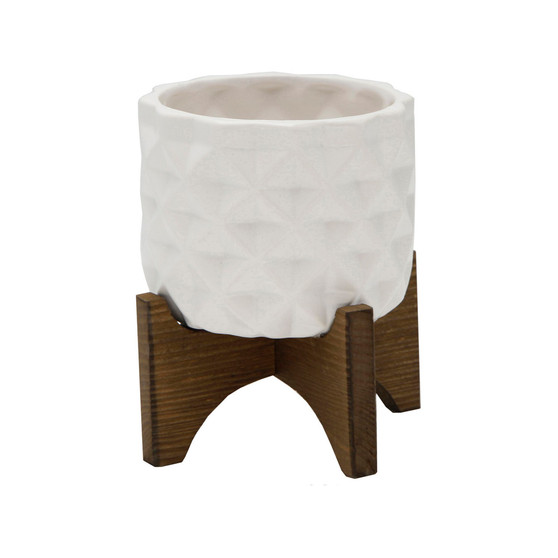 Ceramic Dimple Pattern Planter on Wood Stand, 5.5"
