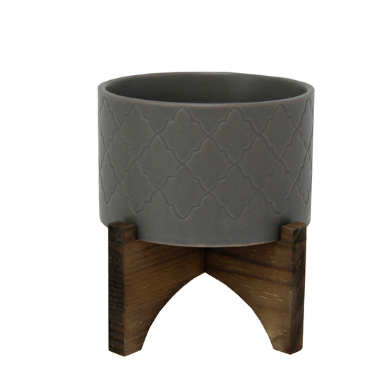 Argyle Ceramic Planter on Wood Stand, 6.25"