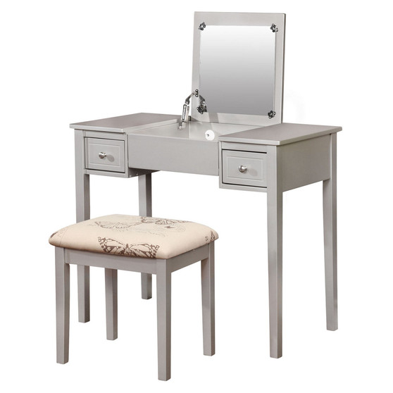 Butterfly Vanity Set with Bench and Mirror, Silver
