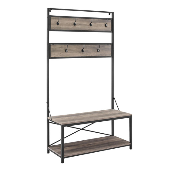 72" Industrial Metal and Wood Hall Tree - Grey Wash
