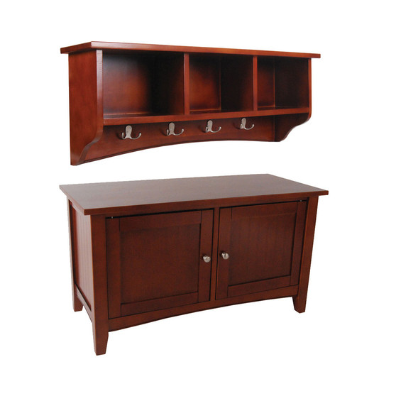 Shaker Cottage Storage Coat Hook with Cabinet Bench Set, Cherry