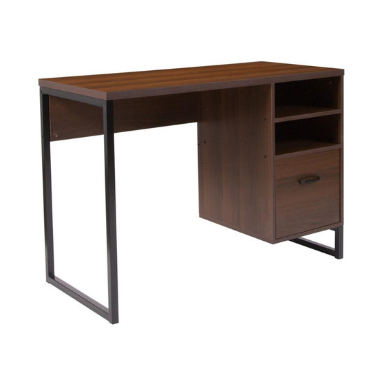 Brighton Rustic Computer Desk With Shelving And Storage Drawer Metal Frame Pedestal Base Home Office Desk