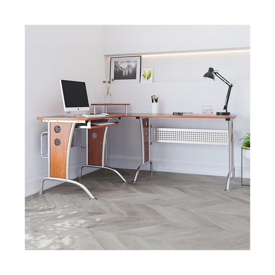Deluxe L-Shaped Computer Desk With Pull Out Keyboard Panel, Mahogany