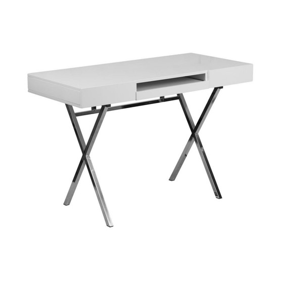 Rhodes Computer Desk Contemporary Writing Desk With Metal Crisscross Frame, Keyboard Tray And 2 Box Drawers