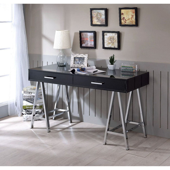 Coleen Built-in USB Port Writing Desk, Black High Gloss & Chrome Finish 93045