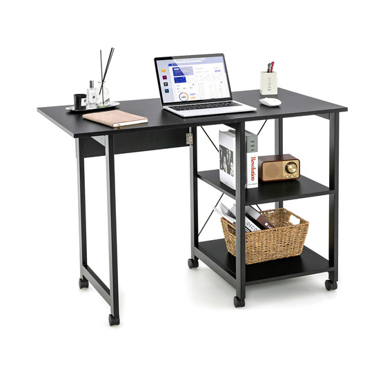 Rolling Computer Desk Folding Writing Office Desk w/ Storage Shelves