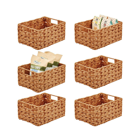 Woven Farmhouse Kitchen Pantry Food Storage Basket Box, Small - 6 Pack, Camel Brown