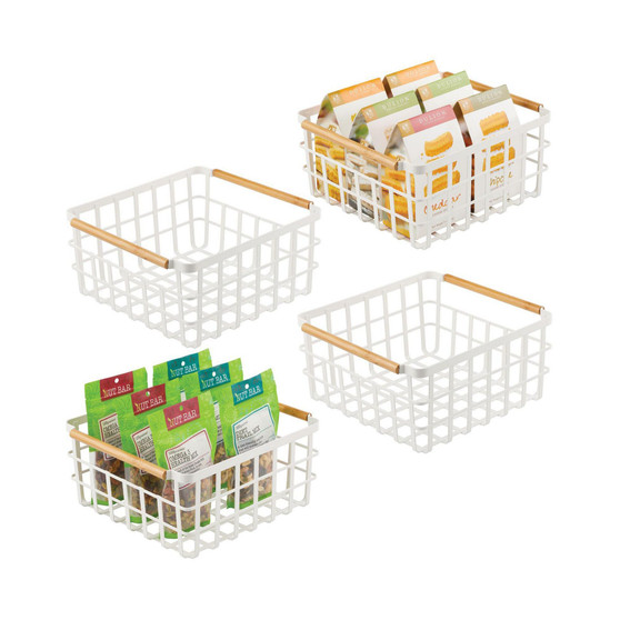 Metal Wire Organizer Basket, Bamboo Handles, Medium - 4 Pack, Matte White/Natural