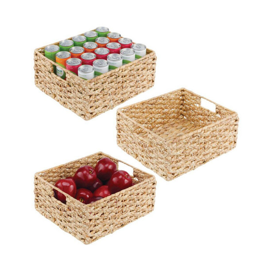 Hyacinth Braided Woven Pantry Bin Basket, Handles, Medium - 3 Pack, Natural/Tan
