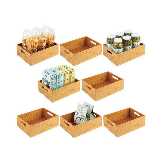 Wood Bamboo Pantry Storage Bin Container, Handles, 8 Pack