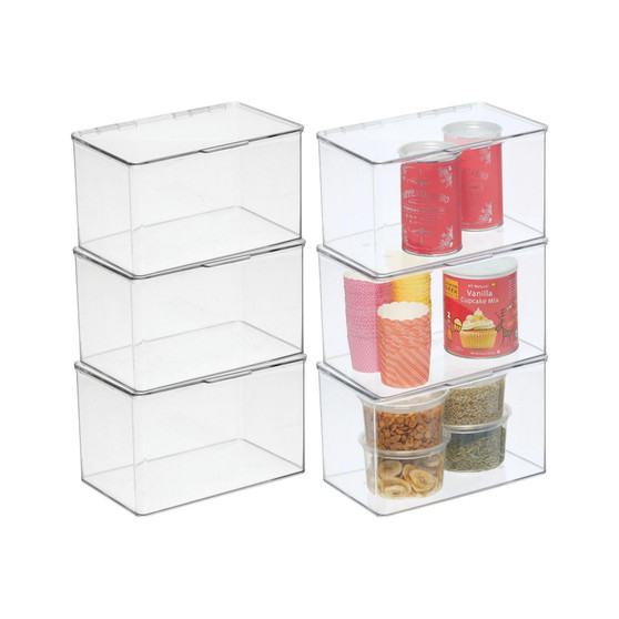 Plastic Kitchen Pantry/Fridge Storage Organizer, Hinge Lid, Medium - 6 Pack