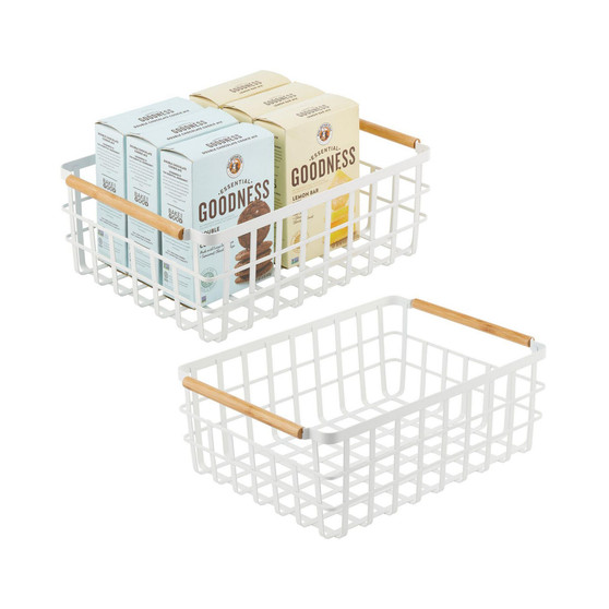 Metal Wire Organizer Basket, Bamboo Handles, Large - 2 Pack, Matte White/Natural