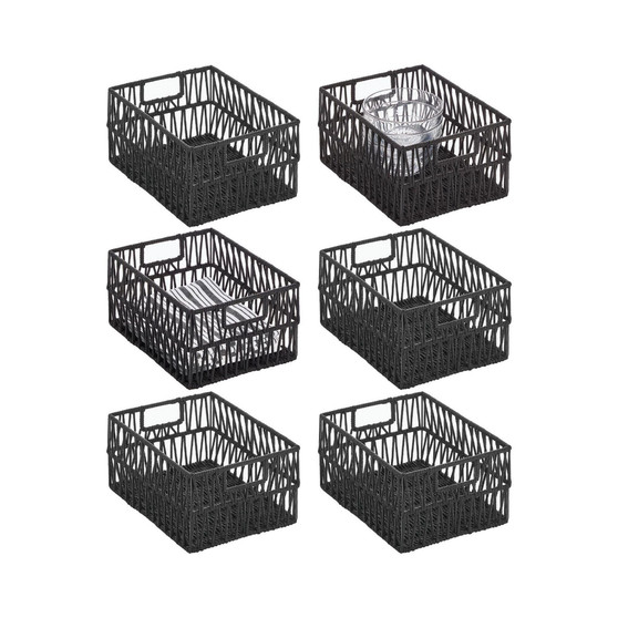 Metal Wire, Cotton Rope Small Decorative Kitchen Basket - 6 Pack - Black