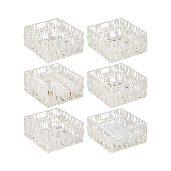 Metal Wire, Cotton Rope Medium Decorative Kitchen Basket, 6 Pack - White