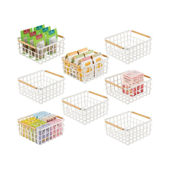 Metal Wire Organizer Basket, Bamboo Handles, 8 Pack, Matte White/Natural