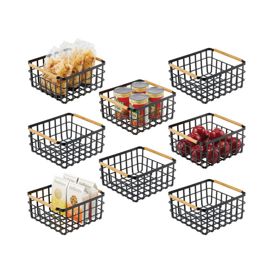 Metal Wire Organizer Basket, Bamboo Handles, 8 Pack, Matte Black/Natural