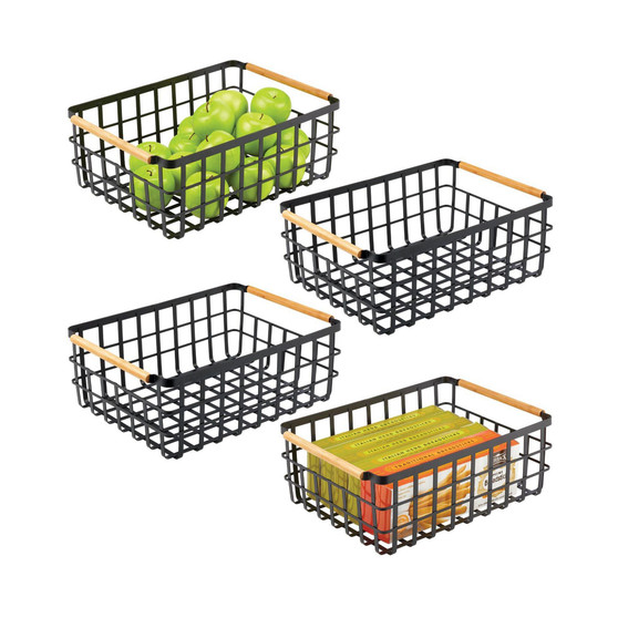 Metal Wire Organizer Basket, Bamboo Handles, Large - 4 Pack, Matte Black/Natural