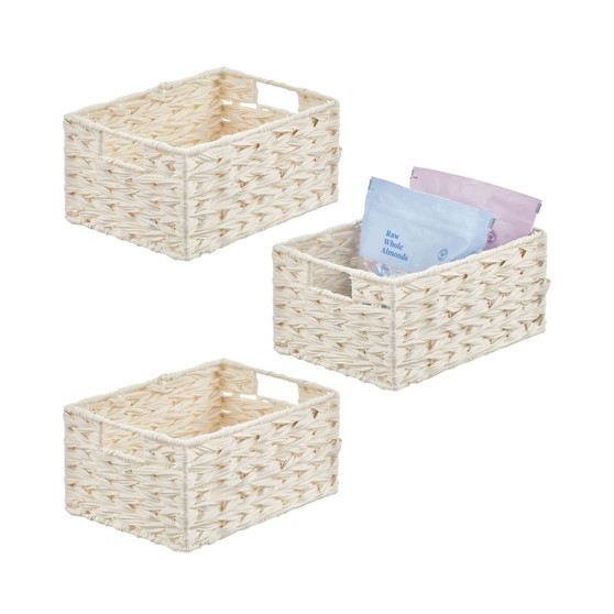 Woven Farmhouse Kitchen Pantry Food Storage Basket Box, Small - 3 Pack, White