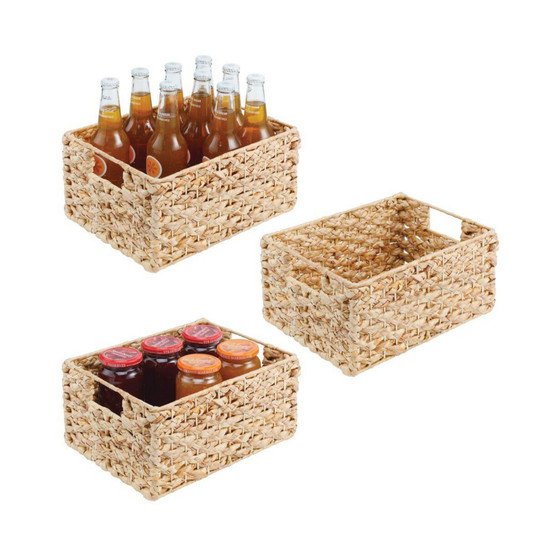 Hyacinth Braided Woven Pantry Bin Basket, Handles, Small - 3 Pack, Natural/Tan