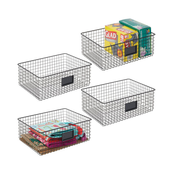 Wide Steel Kitchen Organizer Basket - Label Slot, 4 Pack, Matte Black