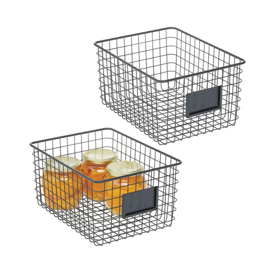 Large Steel Kitchen Organizer Basket - Label Slot, 2 Pack, Matte Black