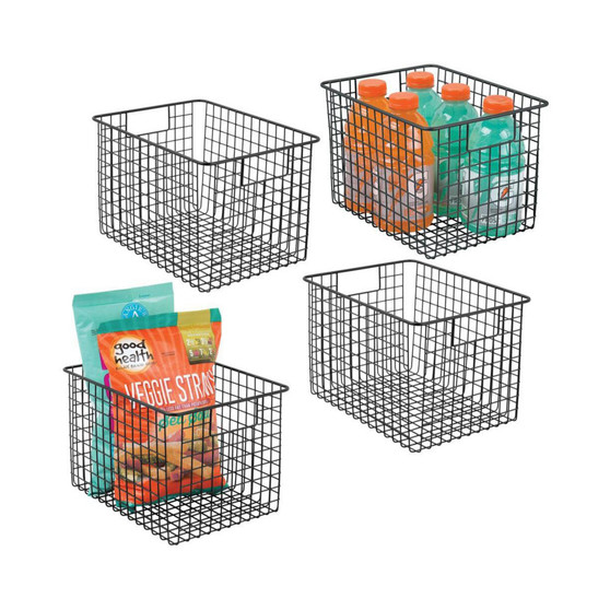 Metal Wire Food Organizer Basket with Built-In Handles, Medium, 4 Pack, Black