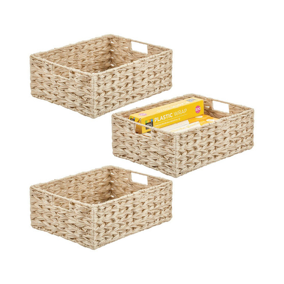 Woven Farmhouse Kitchen Pantry Storage Basket Box, Large - 3 Pack, Cream/Beige