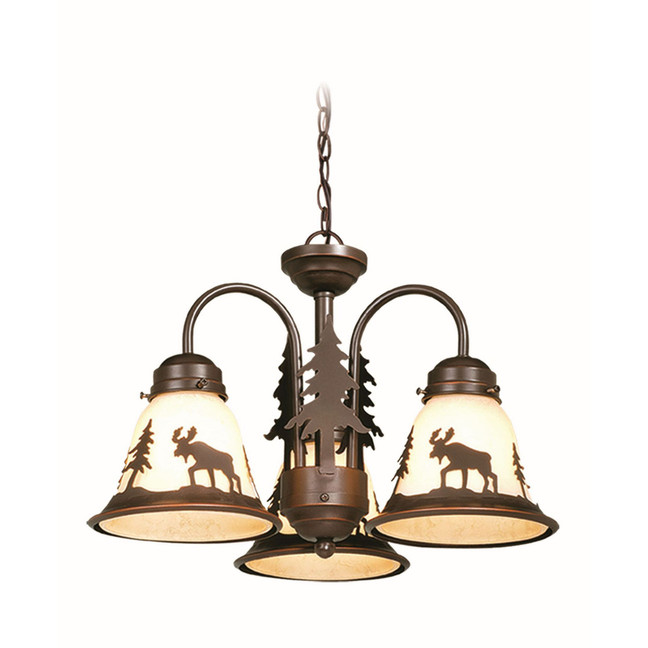 Yellowstone 3 Light Rustic Moose Amber Glass Chandelier