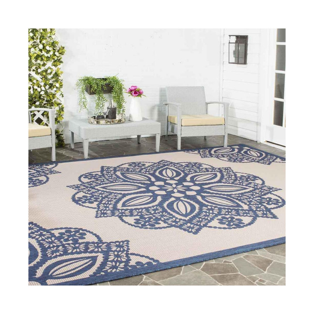 Courtyard Beige and Navy 9' x 12' Sisal Weave Outdoor Area Rug