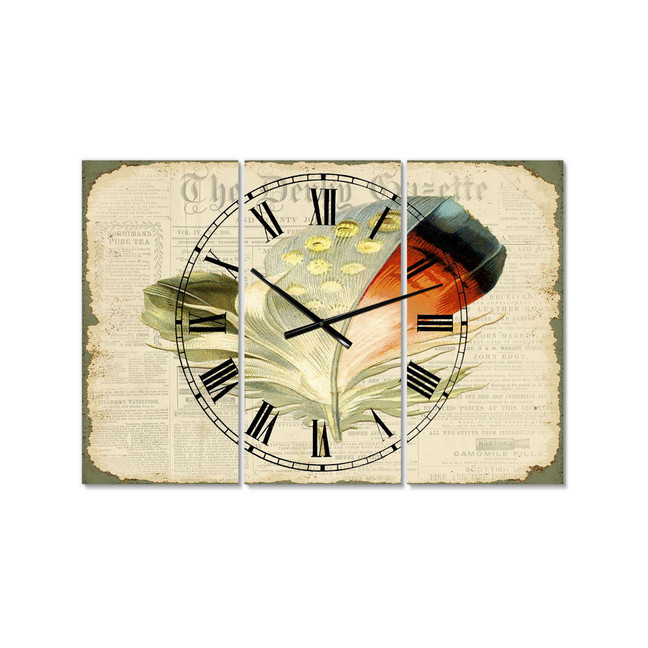 Colorful Elegant Feather On Old Style Newspaper IV Large Cottage 3 Panels Wall Clock - 23" x 23" x 1"