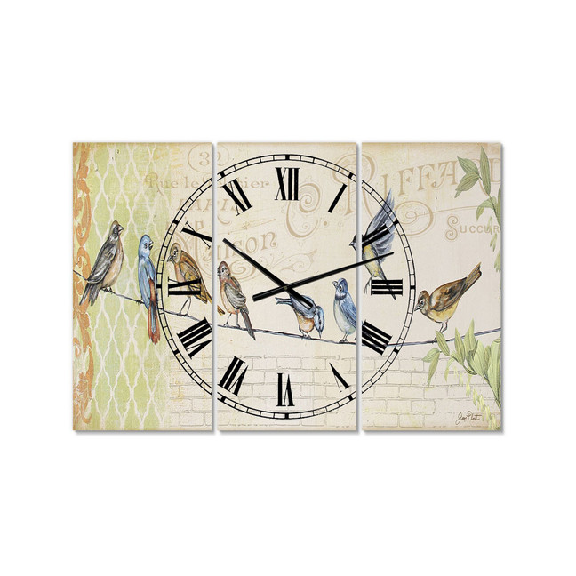 Birds Gathered On Wire Paris III Oversized Cottage 3 Panels Wall Clock - 38" x 38" x 1"